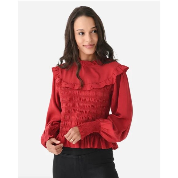SEA New York Women's Elea Silk Dupioni Smocked Top Long Sleeve Button Back Large - Picture 1 of 11